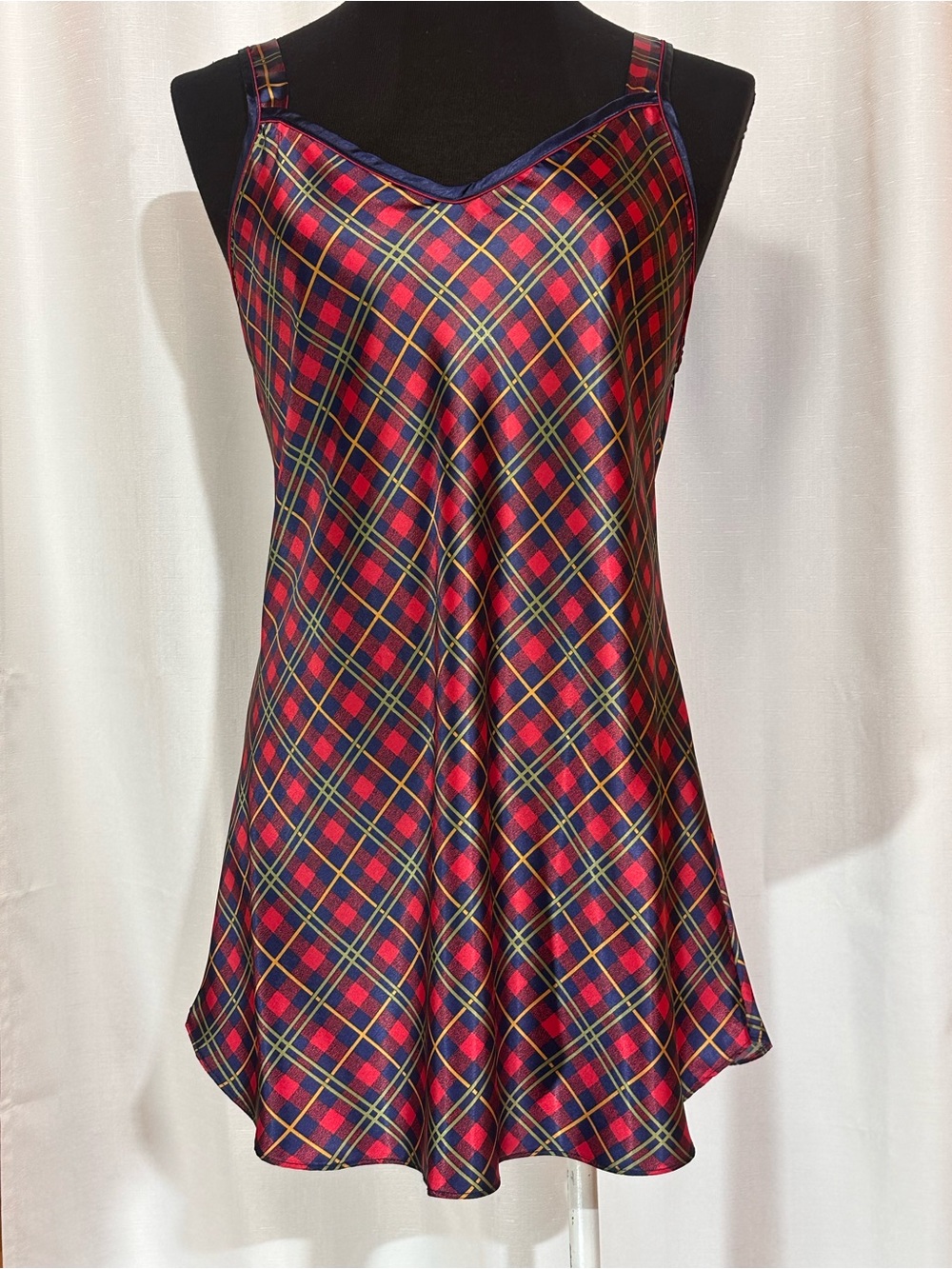 Vintage Sleep Solutions Satin Plaid Chemise Nightgown Size Large
